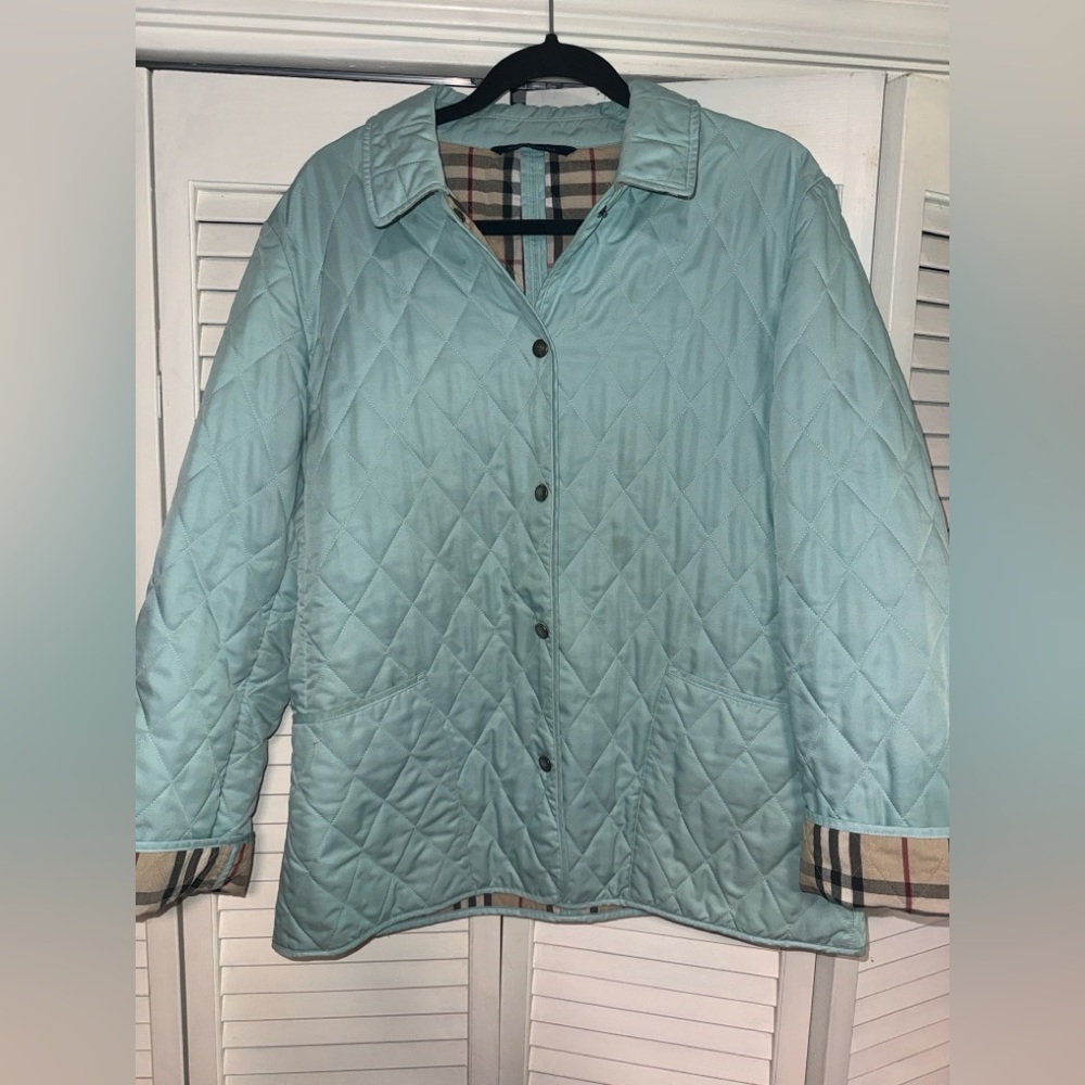 Burberry Light Blue Quilted Puffer Jacket with Classic Check Trim